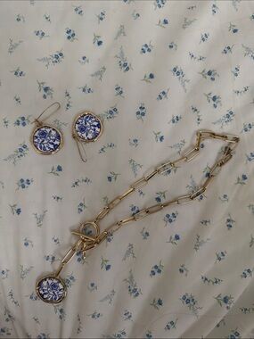 Gold Chain Necklace and Earrings Set with Blue Floral Medallions